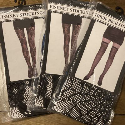 Three Fishnet Stocking Pairs  Adult Size. NIB. 2 Skull, One Web Style.